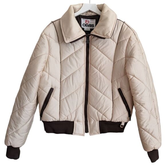 Vintage Cevas Women's Ski Jacket Quilted Puffer Zip Up in Cream & Brown Size XL